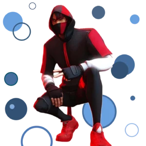 Fortnite character wearing the exclusive Ikonik skin with a stylish black and red outfit