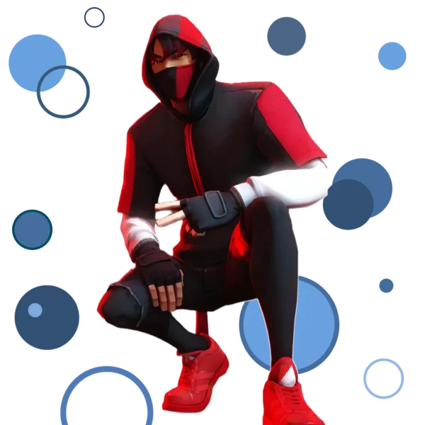 Fortnite character wearing the exclusive Ikonik skin with a stylish black and red outfit