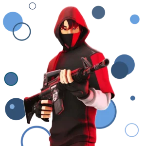 Fortnite Ikonik skin with a stylish black and red outfit, standing confidently on the battlefield.