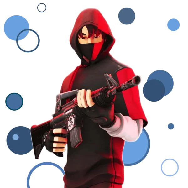 Fortnite Ikonik skin with a stylish black and red outfit, standing confidently on the battlefield.