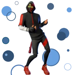 Fortnite character wearing the exclusive Ikonik Fortnite skin with a stylish black and red outfit, standing confidently on the battlefield