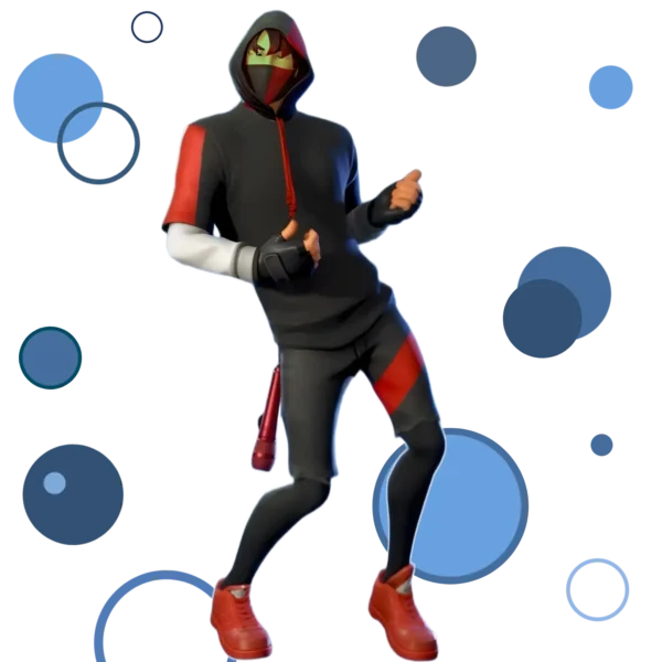 Fortnite character wearing the exclusive Ikonik Fortnite skin with a stylish black and red outfit, standing confidently on the battlefield