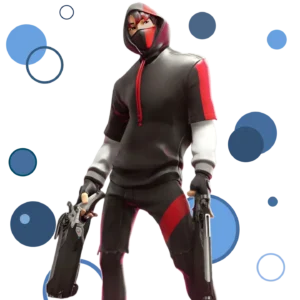 Fortnite featuring the rare Ikonik skin account with a sleek black and red outfit and exclusive Scenario emote.