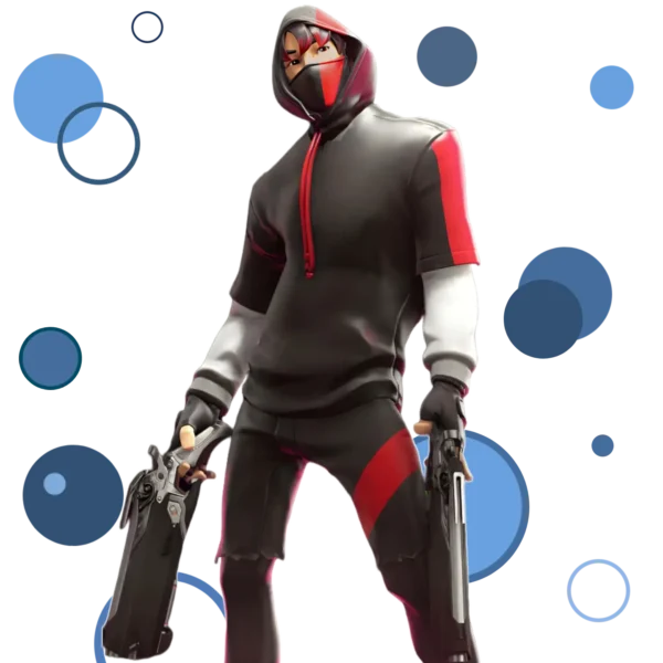 Fortnite featuring the rare Ikonik skin account with a sleek black and red outfit and exclusive Scenario emote.