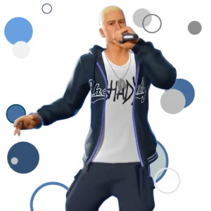 Eminem in Fortnite skin featuring iconic hoodie, beanie, and tattoos.