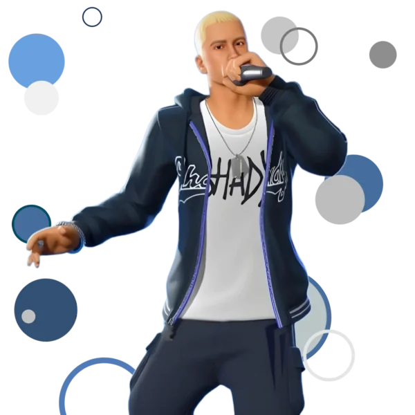 Eminem in Fortnite skin featuring iconic hoodie, beanie, and tattoos.